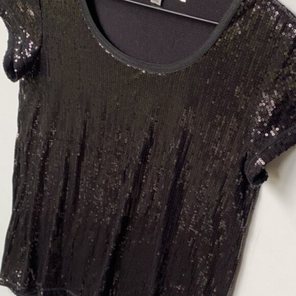 Max Studio Black Sequin Short Sleeve Top Medium - Picture 3 of 5